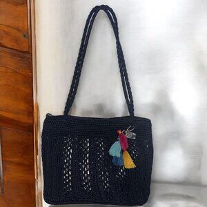 The Sak Purse Navy Crochet Overlay Gold Dual Handle Top Zip Tassel Shoulder Bag